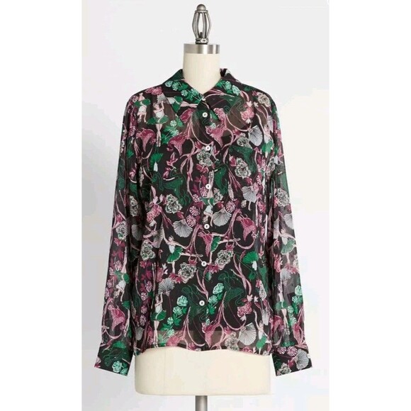 ModCloth Swan Lake Soiree Button-Up Shirt Sheer Chiffon Long Sleeve Size S - Picture 1 of 12
